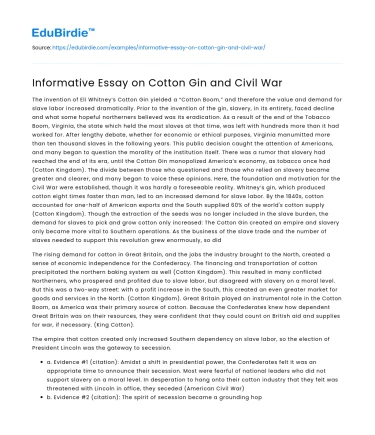 Informative Essay on Cotton Gin and Civil War