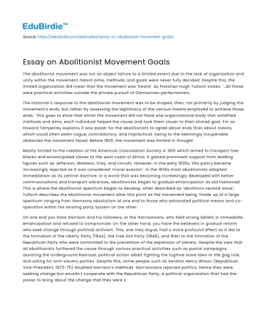 Essay on Abolitionist Movement Goals
