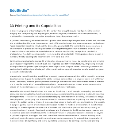 3D Printing and Its Capabilities