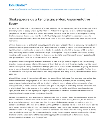Shakespeare as a Renaissance Man: Argumentative Essay