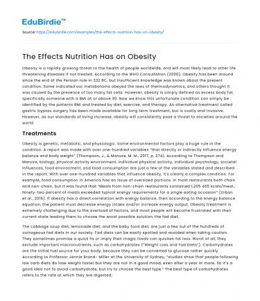 The Effects Nutrition Has on Obesity