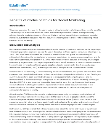 Benefits of Codes of Ethics for Social Marketing