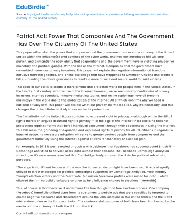 Patriot Act: Power of Companies and Government Over US Citizens