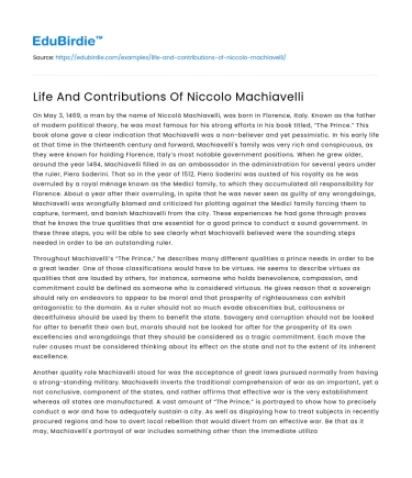 Life And Contributions Of Niccolo Machiavelli