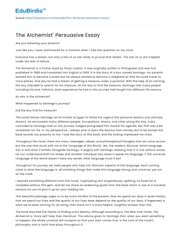 The Alchemist’ Persuasive Essay