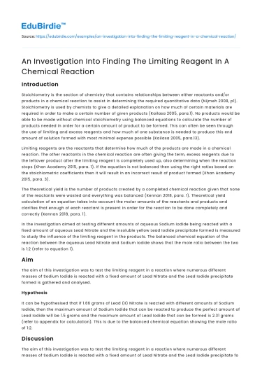An Investigation Into Finding The Limiting Reagent In A Chemical Reaction