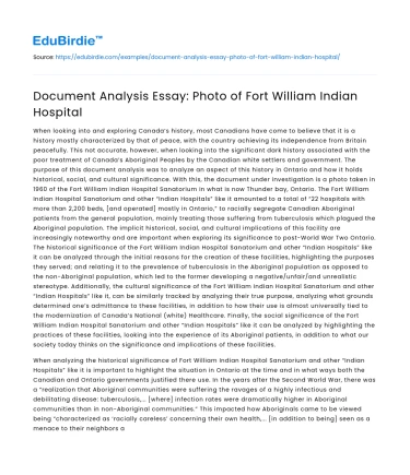 Document Analysis Essay: Photo of Fort William Indian Hospital