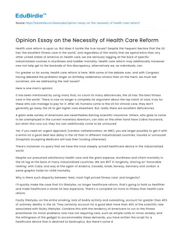 Opinion Essay on the Necessity of Health Care Reform