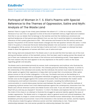 Portrayal of Women in T S Eliot’s Poems: Analysis of The Waste Land