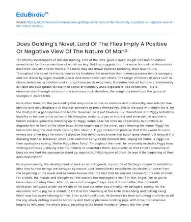 Golding’s Lord of The Flies: Positive or Negative View of Human Nature?