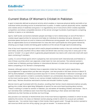 Current Status Of Women’s Cricket In Pakistan