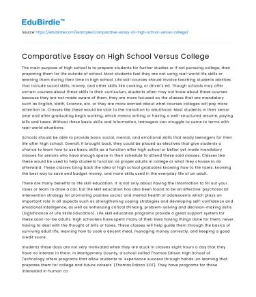 Comparative Essay on High School Versus College