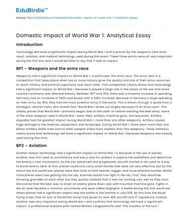 Domestic Impact of World War 1: Analytical Essay