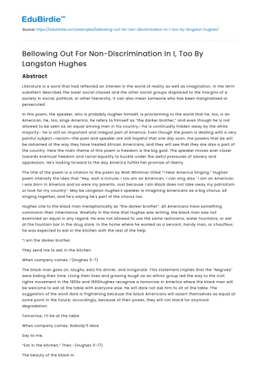 Bellowing Out For Non-Discrimination In I, Too By Langston Hughes