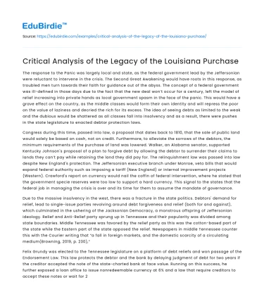 Critical Analysis of the Legacy of the Louisiana Purchase