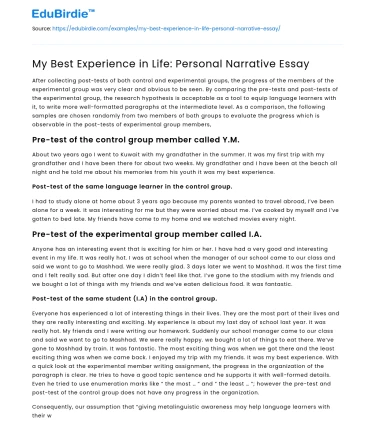 My Best Experience in Life: Personal Narrative Essay