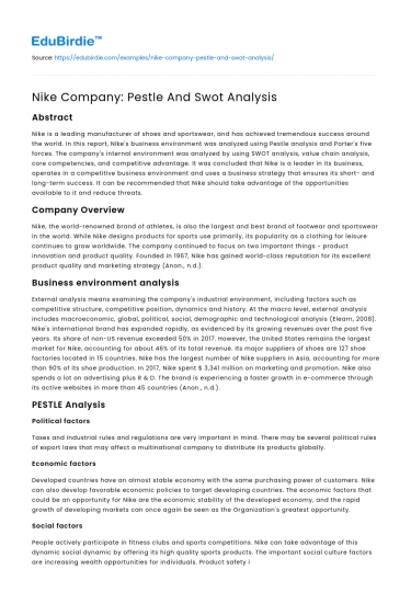 Nike Company: Pestle And Swot Analysis