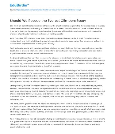 Should We Rescue the Everest Climbers Essay
