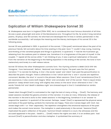Explication of William Shakespeare Sonnet 30