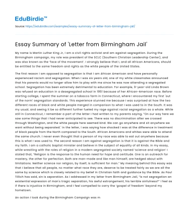 Essay Summary of ‘Letter from Birmingham Jail’