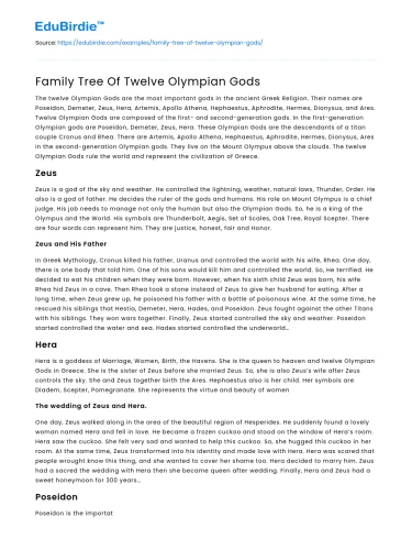 Family Tree Of Twelve Olympian Gods