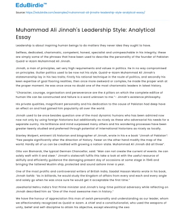 Muhammad Ali Jinnah’s Leadership Style: Analytical Essay