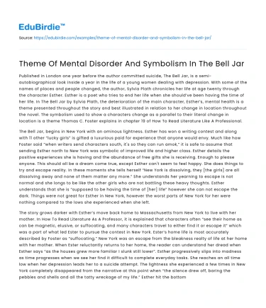 Theme Of Mental Disorder And Symbolism In The Bell Jar