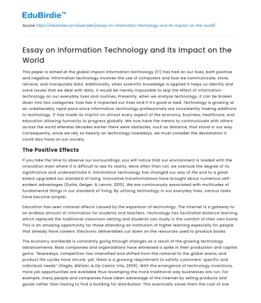 Essay on Information Technology and Its Impact on the World