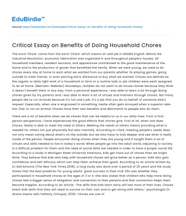 Critical Essay on Benefits of Doing Household Chores