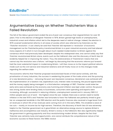 Argumentative Essay on Whether Thatcherism Was a Failed Revolution
