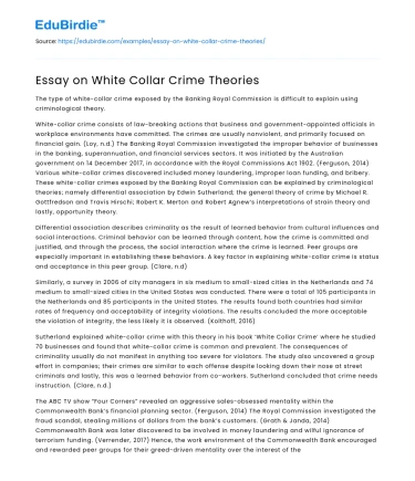 Essay on White Collar Crime Theories