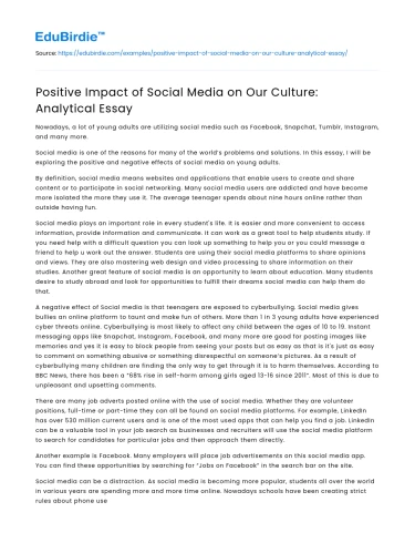 Positive Impact of Social Media on Our Culture: Analytical Essay