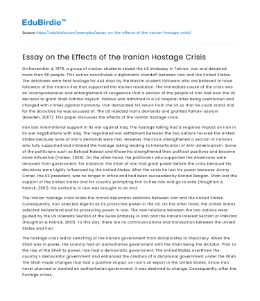 Essay on the Effects of the Iranian Hostage Crisis