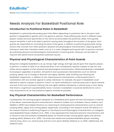 Needs Analysis For Basketball Positional Role