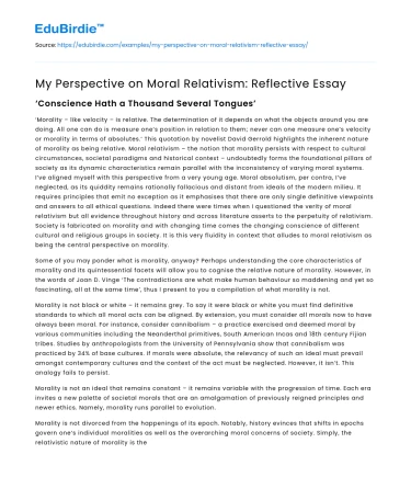 My Perspective on Moral Relativism: Reflective Essay