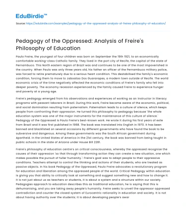 Pedagogy of the Oppressed: Analysis of Freire’s Philosophy of Education