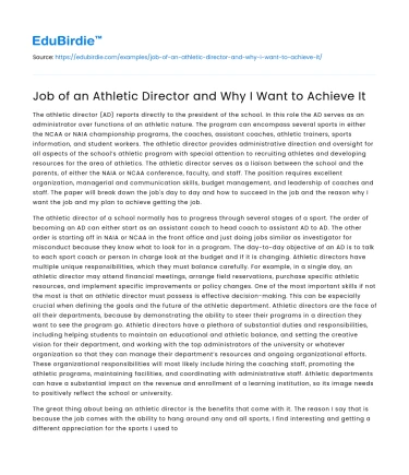 Job of an Athletic Director and Why I Want to Achieve It