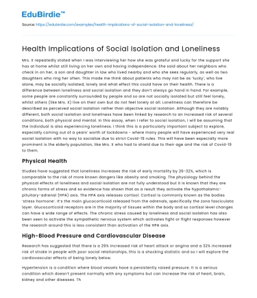 Health Implications of Social Isolation and Loneliness
