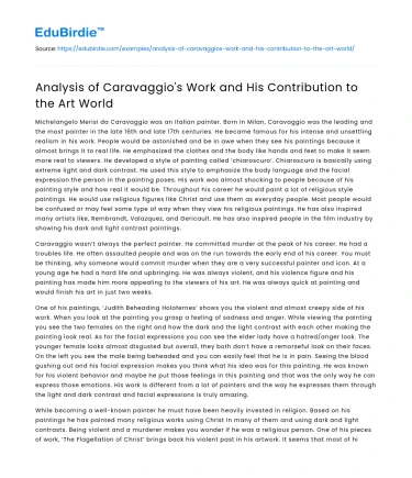 Analysis of Caravaggio’s Work and His Contribution to the Art World