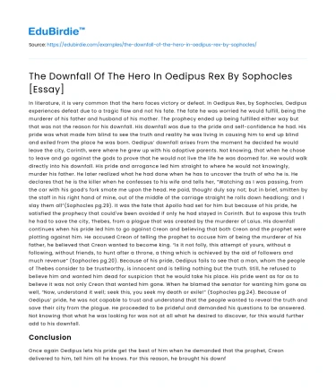 The Downfall Of The Hero In Oedipus Rex By Sophocles [Essay]