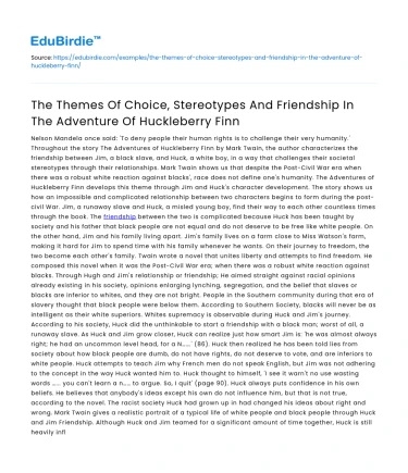 Themes of Choice, Stereotypes & Friendship in Huckleberry Finn