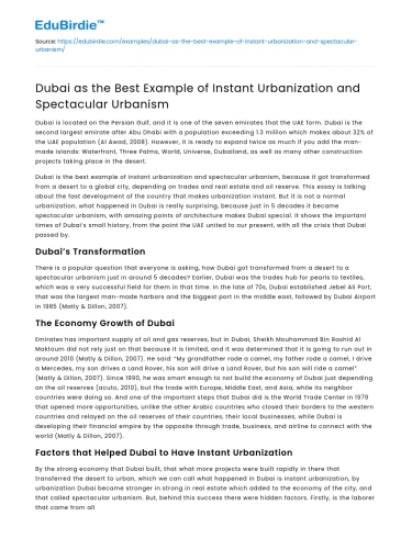 Dubai as the Best Example of Instant Urbanization and Spectacular Urbanism
