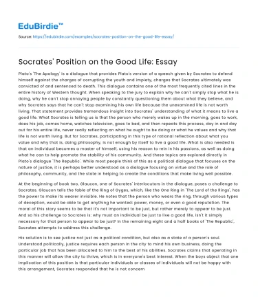 Socrates’ Position on the Good Life: Essay