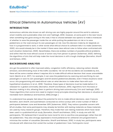 Ethical Dilemma In Autonomous Vehicles (AV)