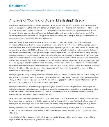 Analysis of ‘Coming of Age in Mississippi’: Essay