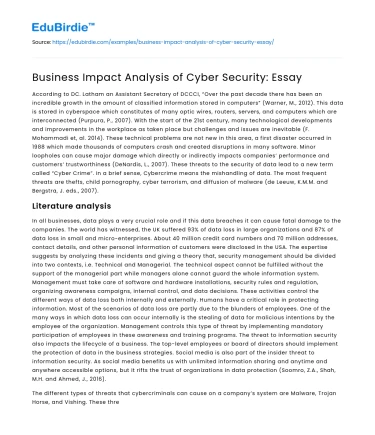 Business Impact Analysis of Cyber Security: Essay
