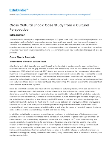 Cross Cultural Shock: Case Study from a Cultural Perspective
