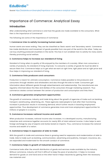 Importance of Commerce: Analytical Essay