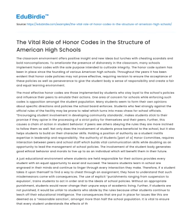 The Vital Role of Honor Codes in the Structure of American High Schools