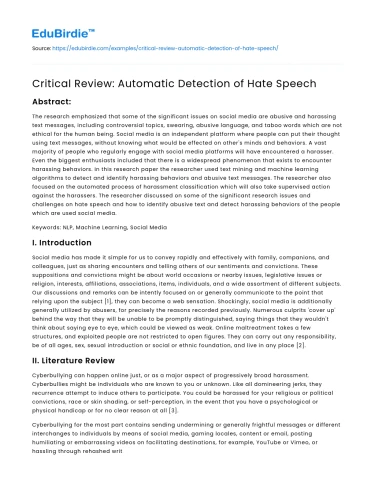 Critical Review: Automatic Detection of Hate Speech